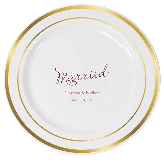 Expressive Script Married Premium Banded Plastic Plates